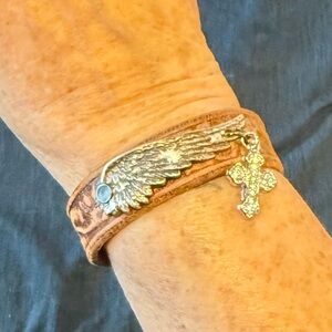Brown Leather Bracelet with Silver Wing and Cross Charm